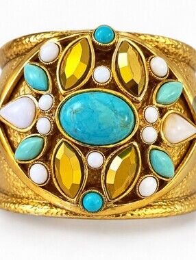 Designer Barrera Hammered Gold Tone Wide Cuff Bracelet w/Turquoise Cabochon